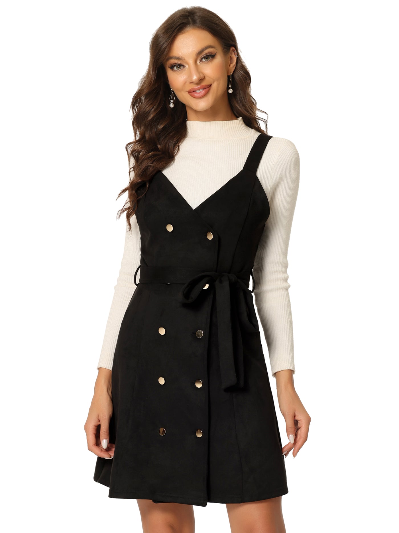 Allegra K Faux Suede V Neck Button Down Belted Pinafore Overall Dress