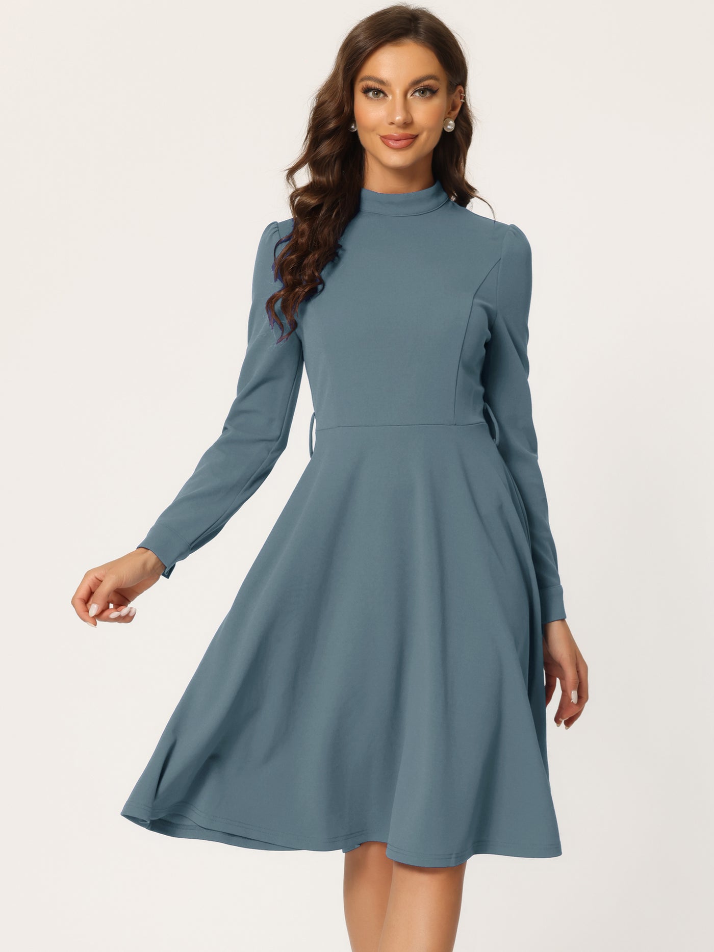 Allegra K Elegant Sheath Mock Neck Flare Long Sleeve Knit Midi Dress