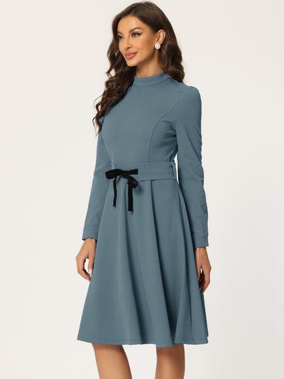 Elegant Sheath Mock Neck Flare Long Sleeve Knit Midi Dress