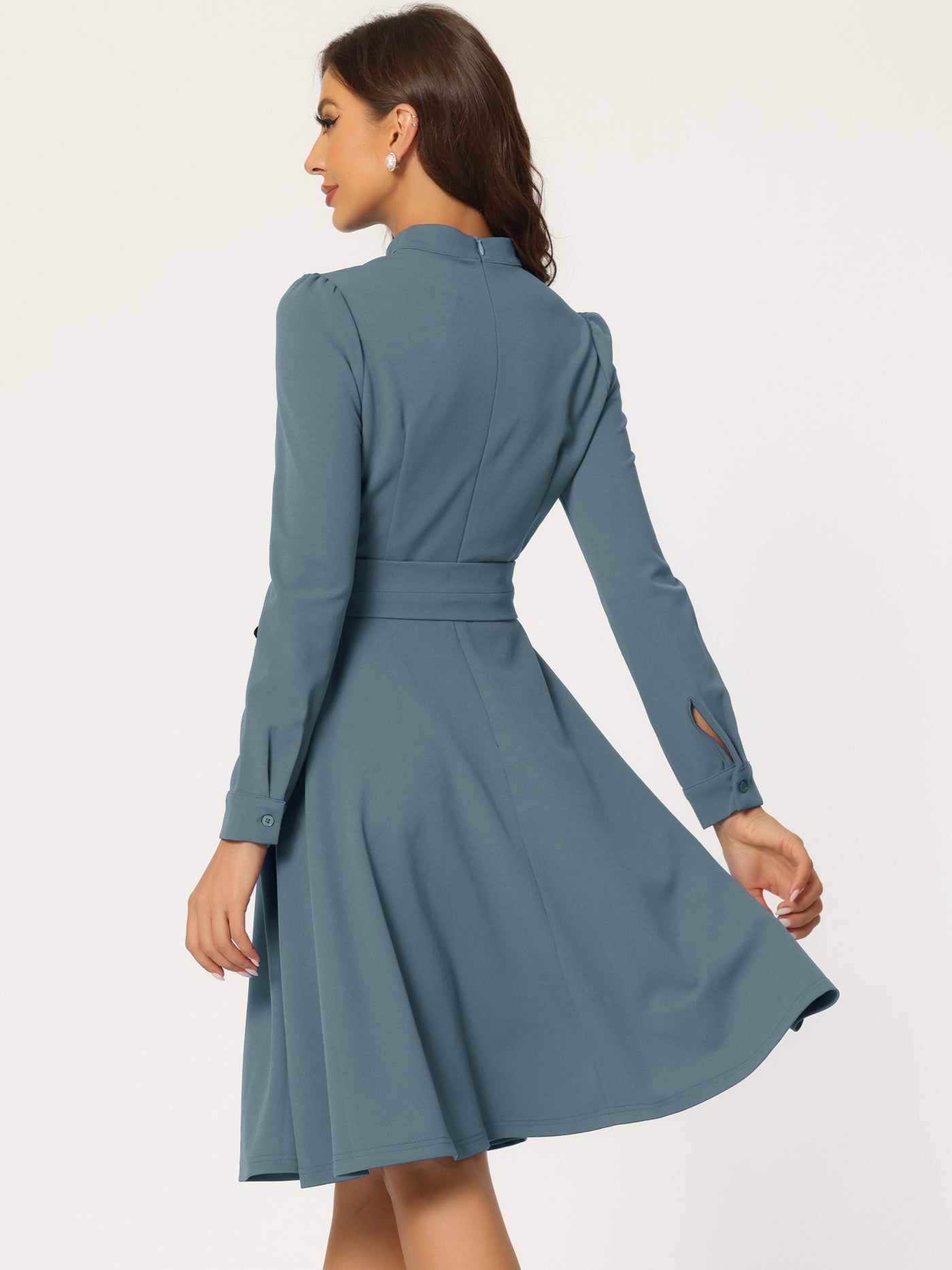 Allegra K Elegant Sheath Mock Neck Flare Long Sleeve Knit Midi Dress