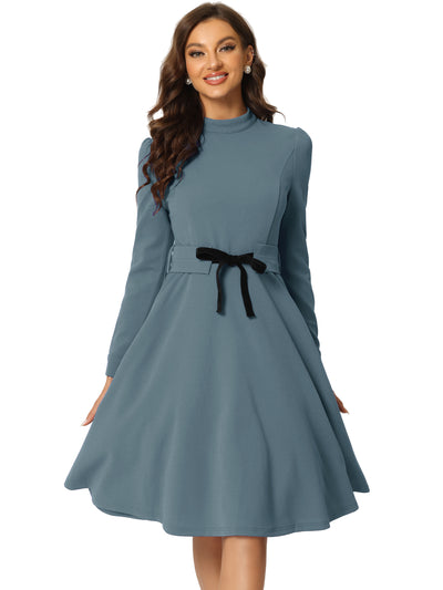 Elegant Sheath Mock Neck Flare Long Sleeve Knit Midi Dress