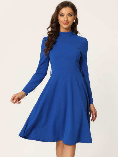 Elegant Sheath Mock Neck Flare Long Sleeve Knit Midi Dress