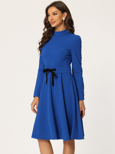 Elegant Sheath Mock Neck Flare Long Sleeve Knit Midi Dress