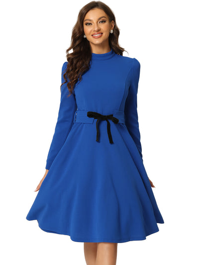 Elegant Sheath Mock Neck Flare Long Sleeve Knit Midi Dress