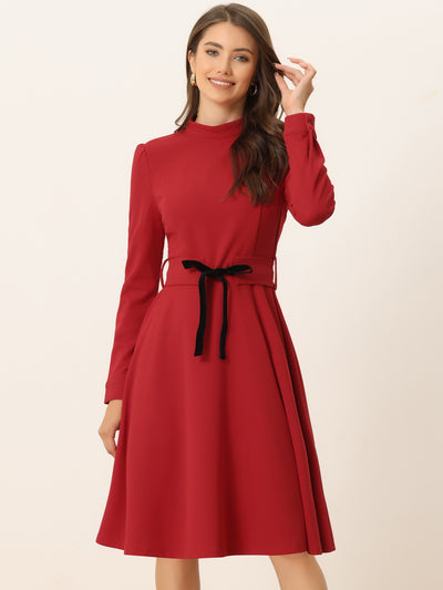 Elegant Sheath Mock Neck Flare Long Sleeve Knit Midi Dress