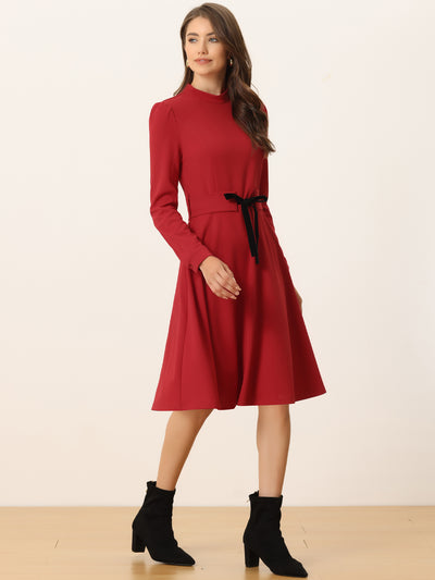 Elegant Sheath Mock Neck Flare Long Sleeve Knit Midi Dress