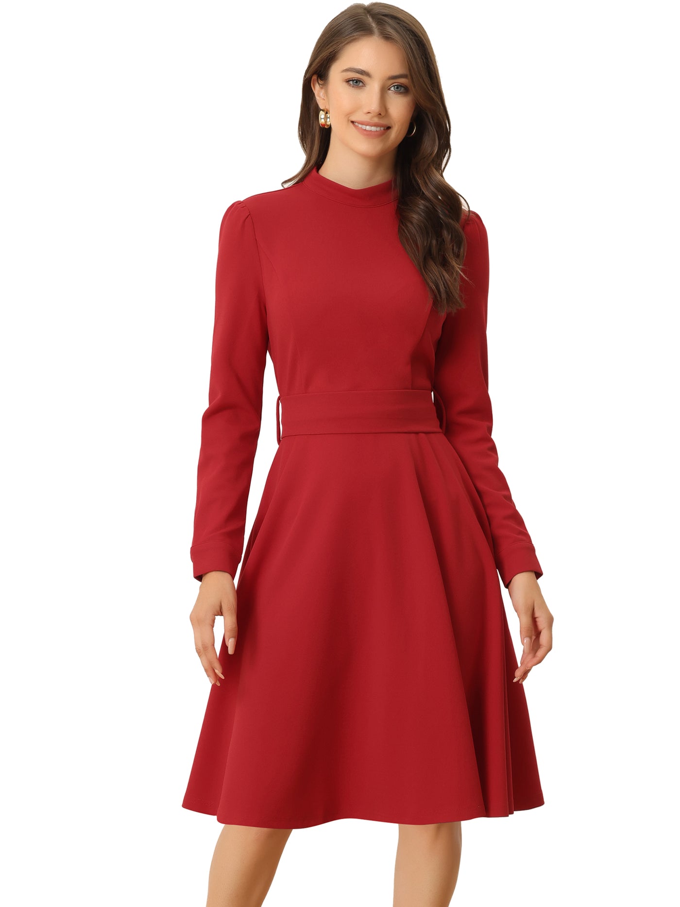 Allegra K Elegant Sheath Mock Neck Flare Long Sleeve Knit Midi Dress