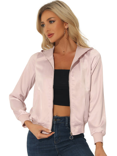 Casual Zipper Front Satin Hooded Bomber Jacket