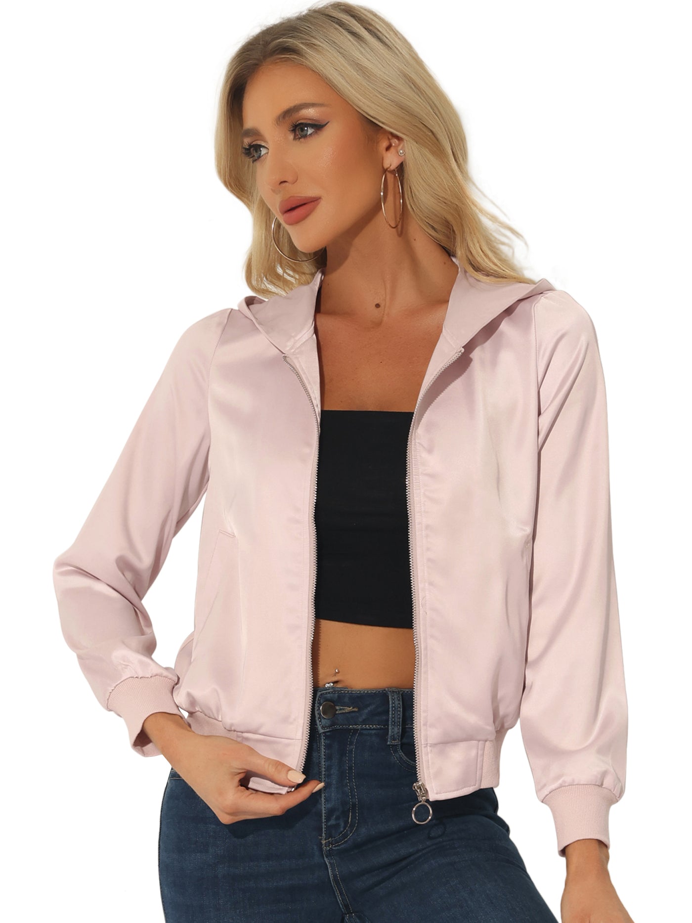 Allegra K Casual Zipper Front Satin Hooded Bomber Jacket