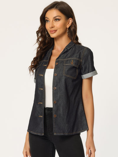 Button Up Collared Short Sleeve Pocket Classic Denim Shirt