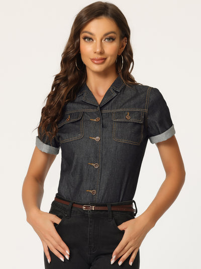 Button Up Collared Short Sleeve Pocket Classic Denim Shirt