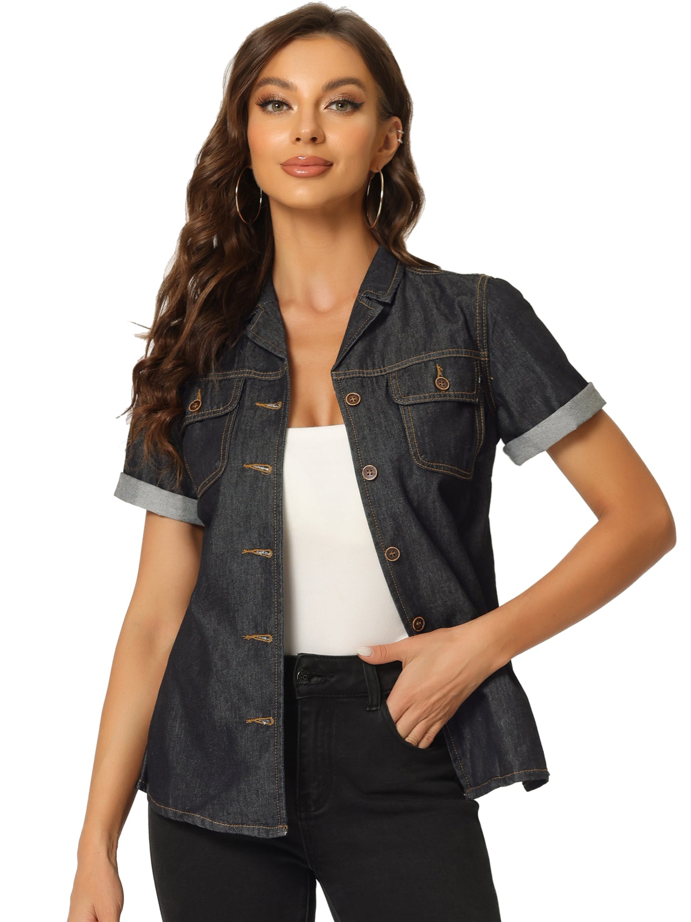 Allegra K Button Up Collared Short Sleeve Pocket Classic Denim Shirt