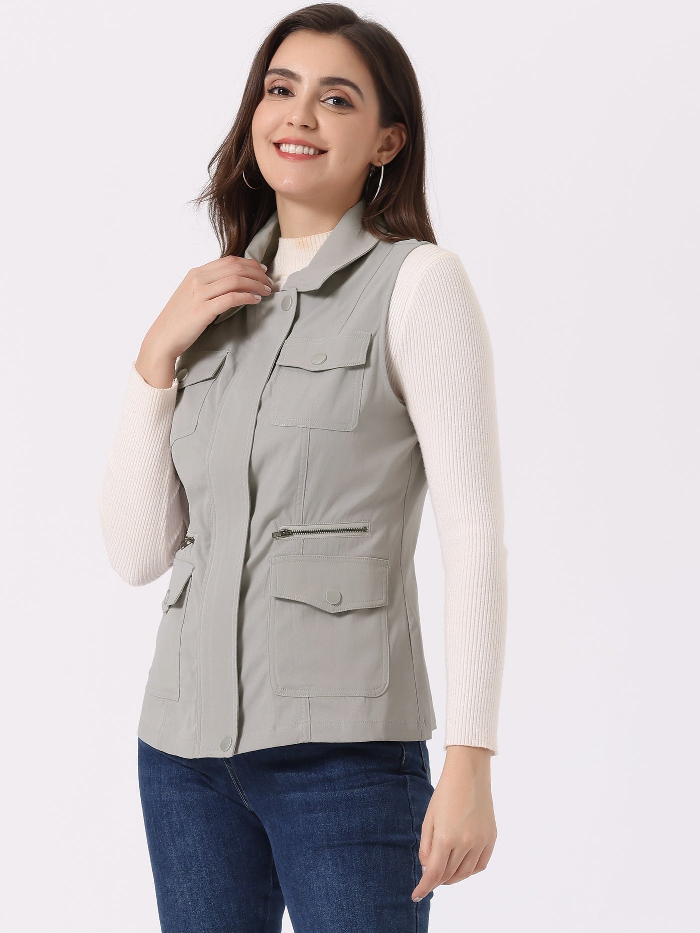 Allegra K Zip Up Pockets Sleeveless Cargo Jacket Utility Vest