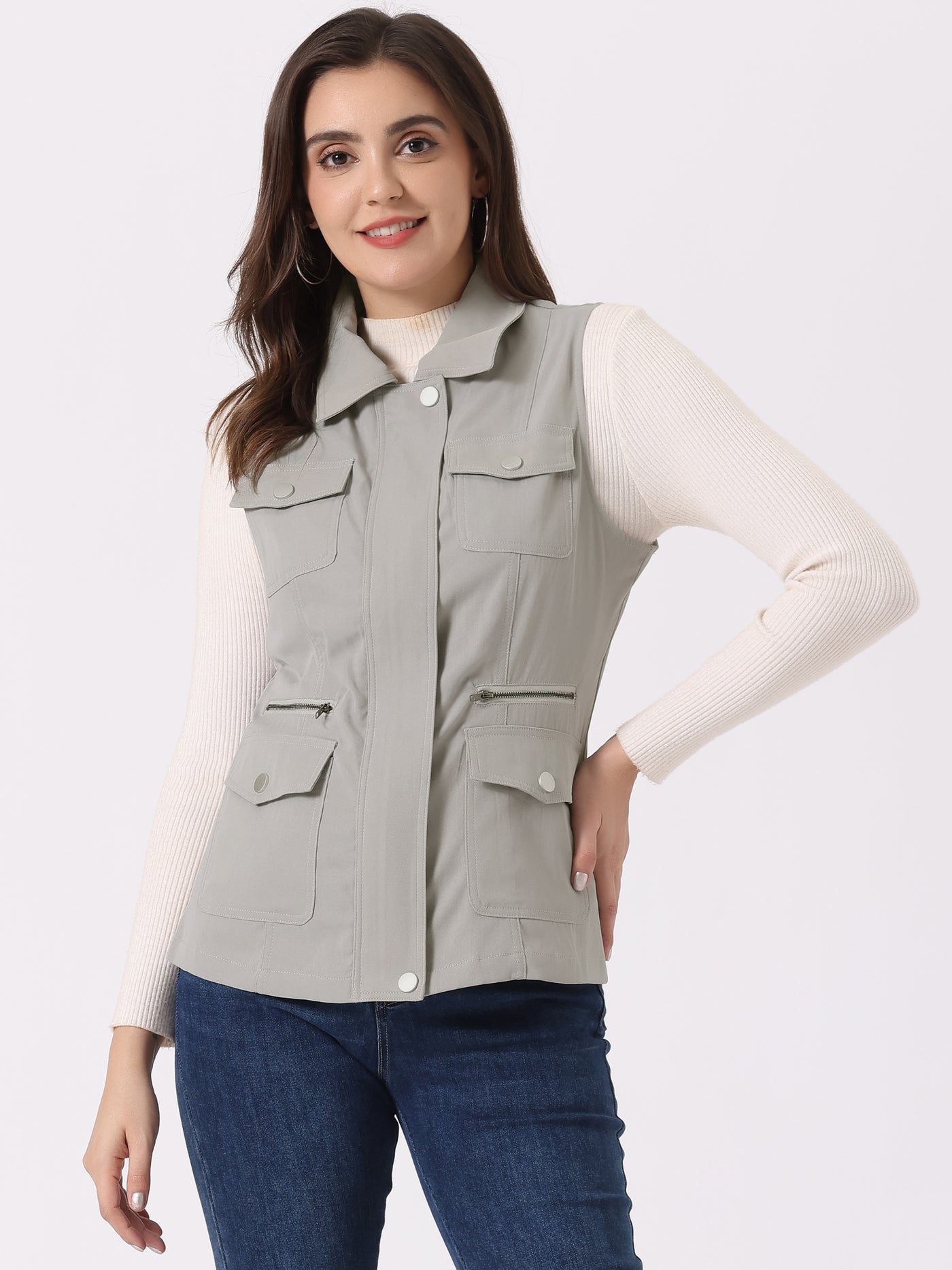 Allegra K Zip Up Pockets Sleeveless Cargo Jacket Utility Vest