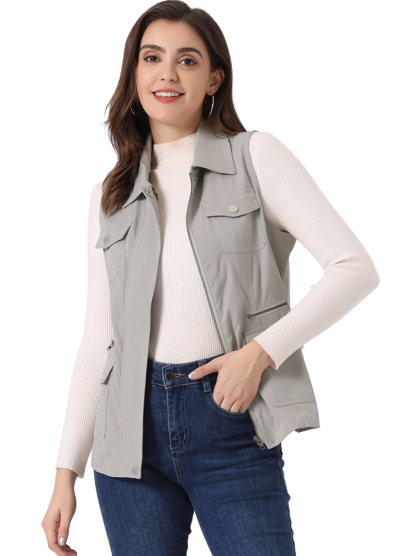 Allegra K Zip Up Pockets Sleeveless Cargo Jacket Utility Vest