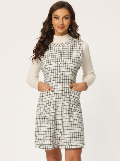 Vintage Pinafore Round Neck Button Down Sleeveless Plaid Tweed Dress