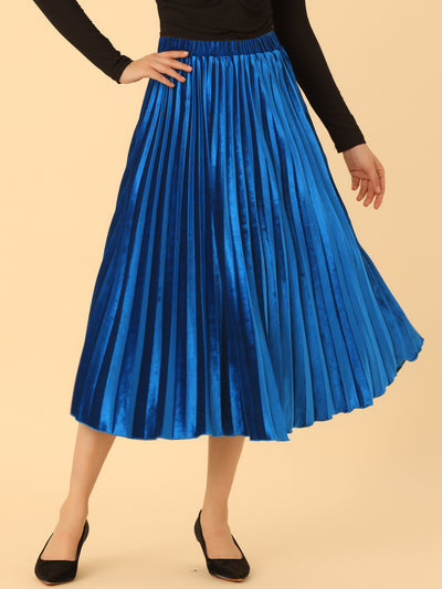 Party High Elastic Waist Velvet Pleated Midi Skirt