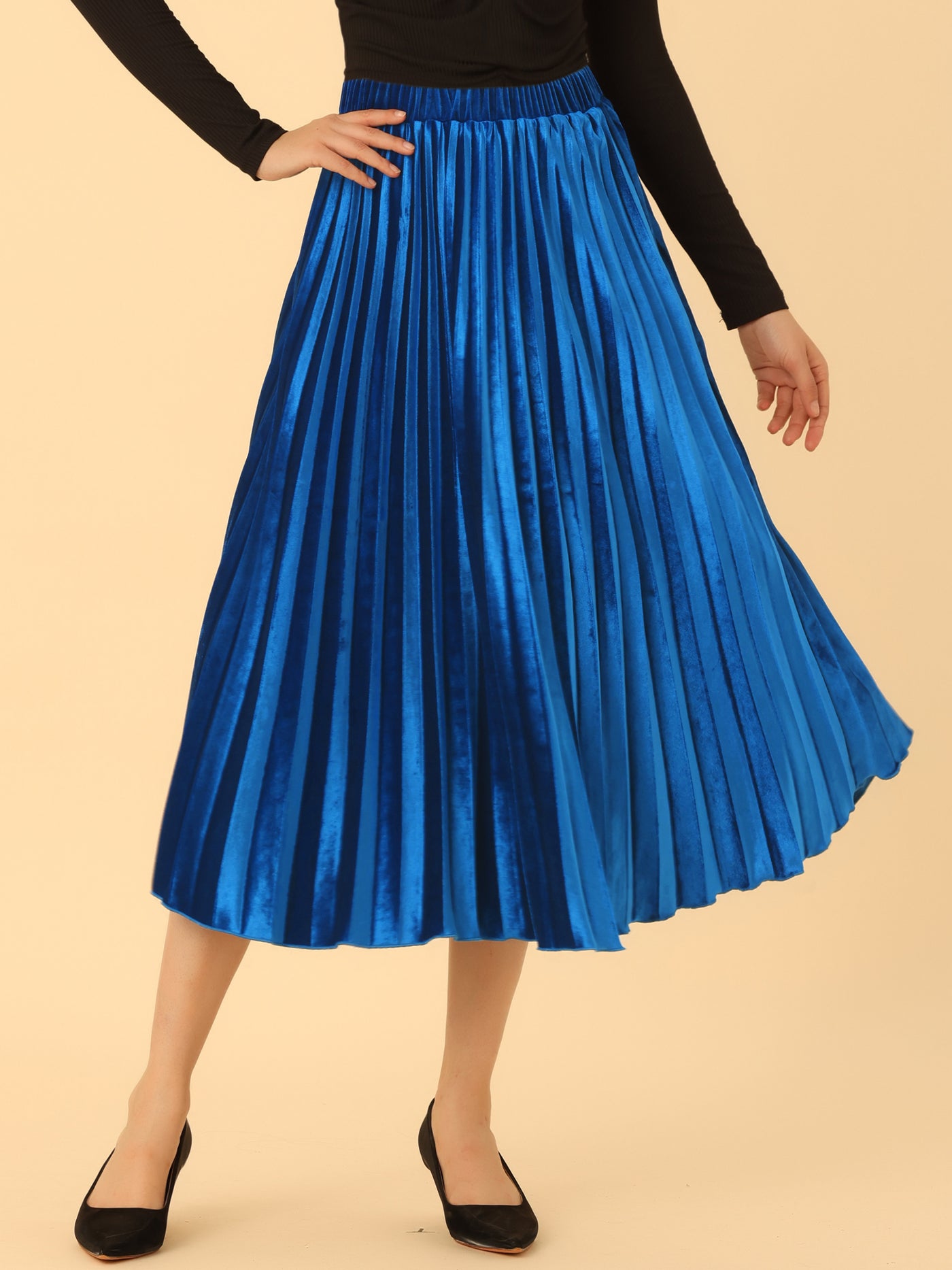 Allegra K Party High Elastic Waist Velvet Pleated Midi Skirt