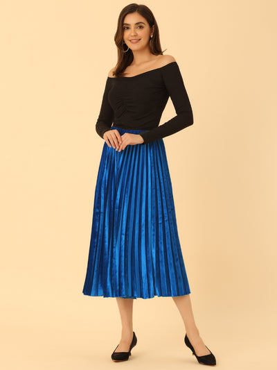 Party High Elastic Waist Velvet Pleated Midi Skirt