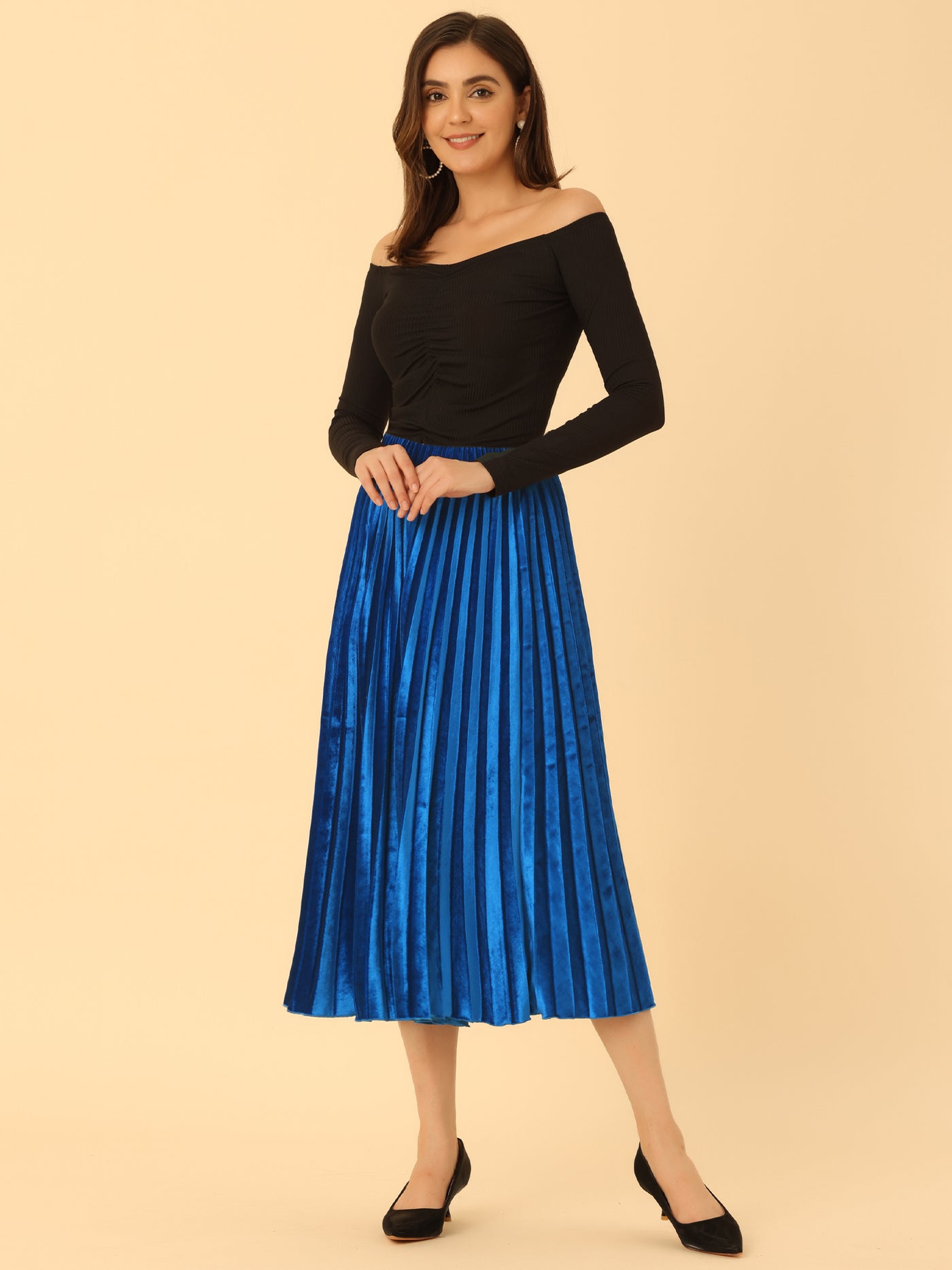 Allegra K Party High Elastic Waist Velvet Pleated Midi Skirt