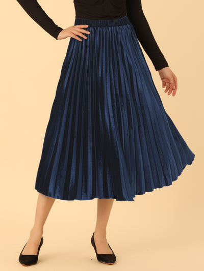 Party High Elastic Waist Velvet Pleated Midi Skirt