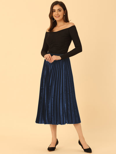 Party High Elastic Waist Velvet Pleated Midi Skirt