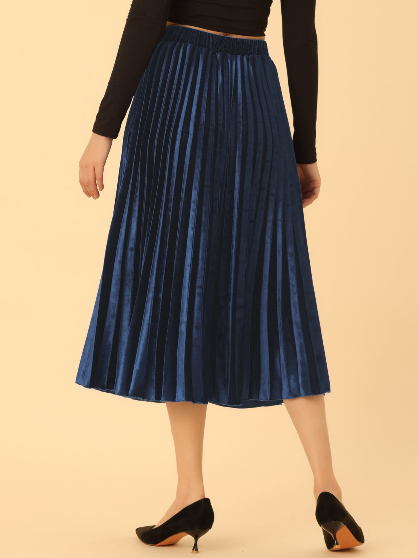 Allegra K Party High Elastic Waist Velvet Pleated Midi Skirt