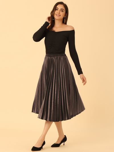 Party High Elastic Waist Velvet Pleated Midi Skirt