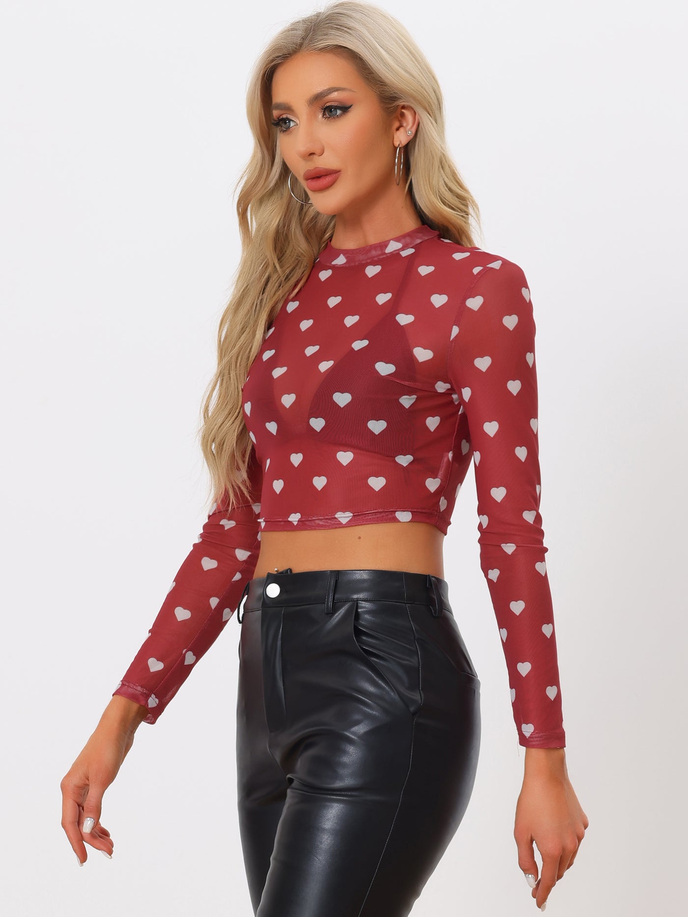 Allegra K Semi-Sheer Sexy Heart Mesh Crop Top Long Sleeve Blouse