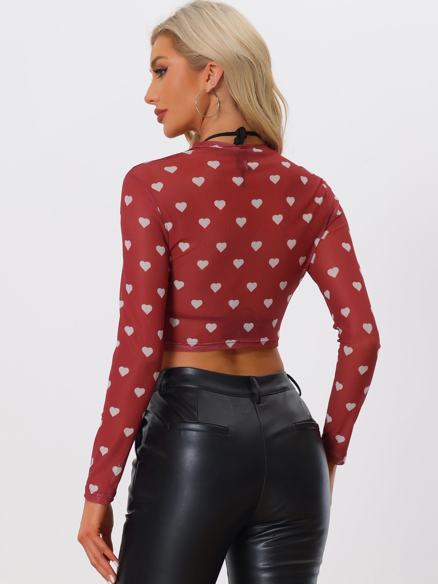 Allegra K Semi-Sheer Sexy Heart Mesh Crop Top Long Sleeve Blouse