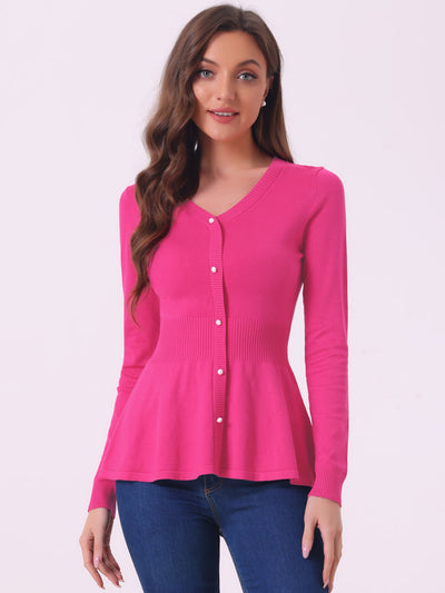 V Neck Long Sleeve Ribbed Pullover Knitted Peplum Top