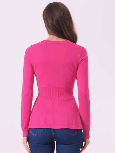 V Neck Long Sleeve Ribbed Pullover Knitted Peplum Top