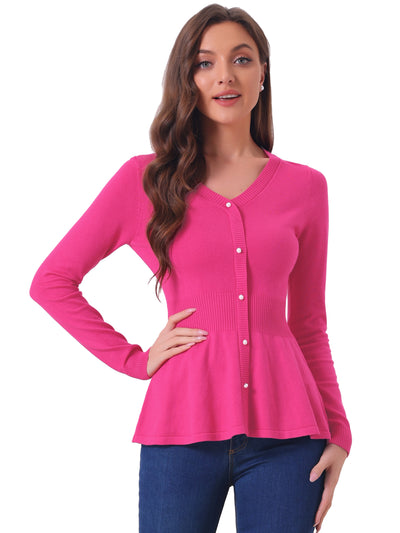 V Neck Long Sleeve Ribbed Pullover Knitted Peplum Top