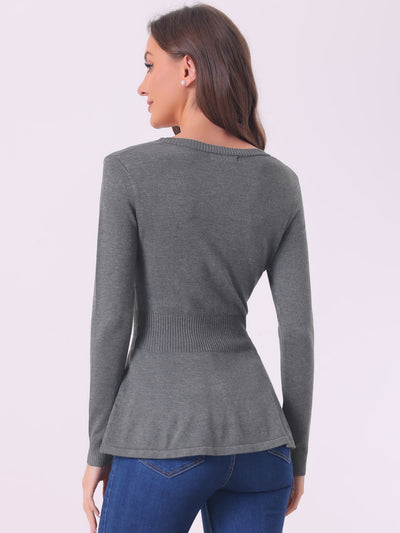 V Neck Long Sleeve Ribbed Pullover Knitted Peplum Top