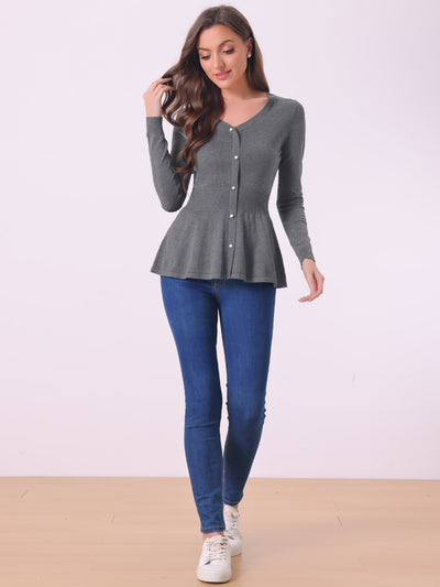 V Neck Long Sleeve Ribbed Pullover Knitted Peplum Top