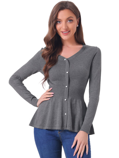 V Neck Long Sleeve Ribbed Pullover Knitted Peplum Top