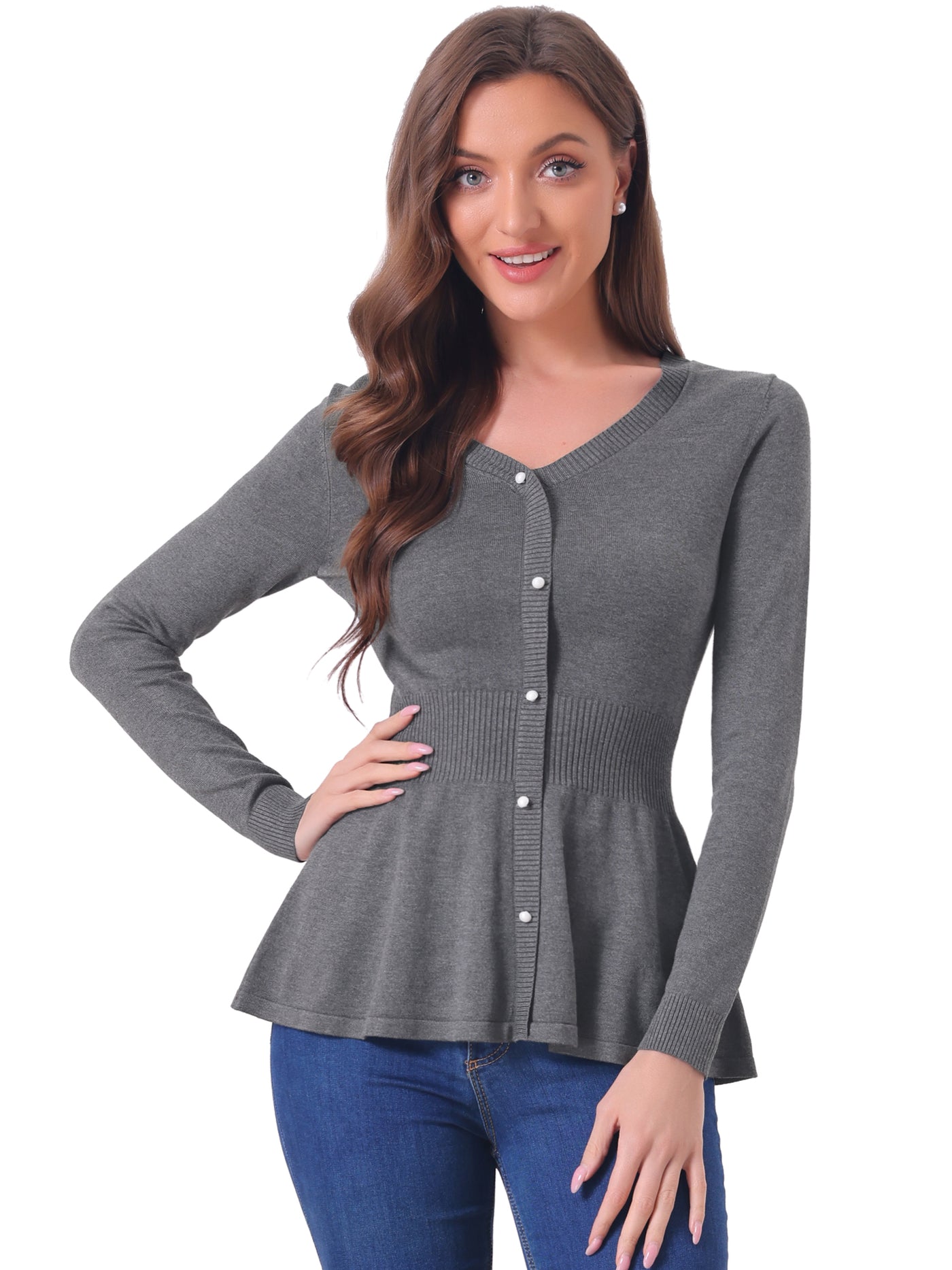 Allegra K V Neck Long Sleeve Ribbed Pullover Knitted Peplum Top