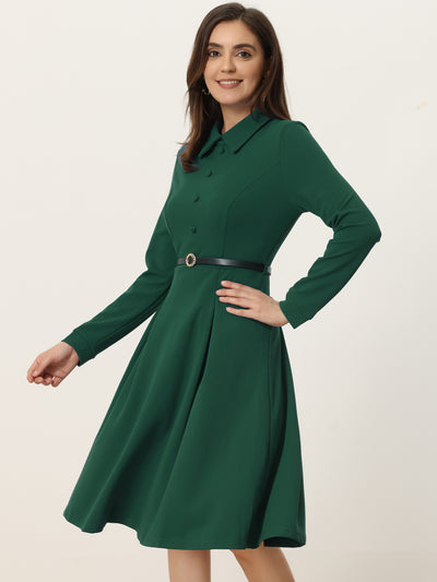 Elegant Long Sleeve Button Decor Belted Fit and Flare Dress