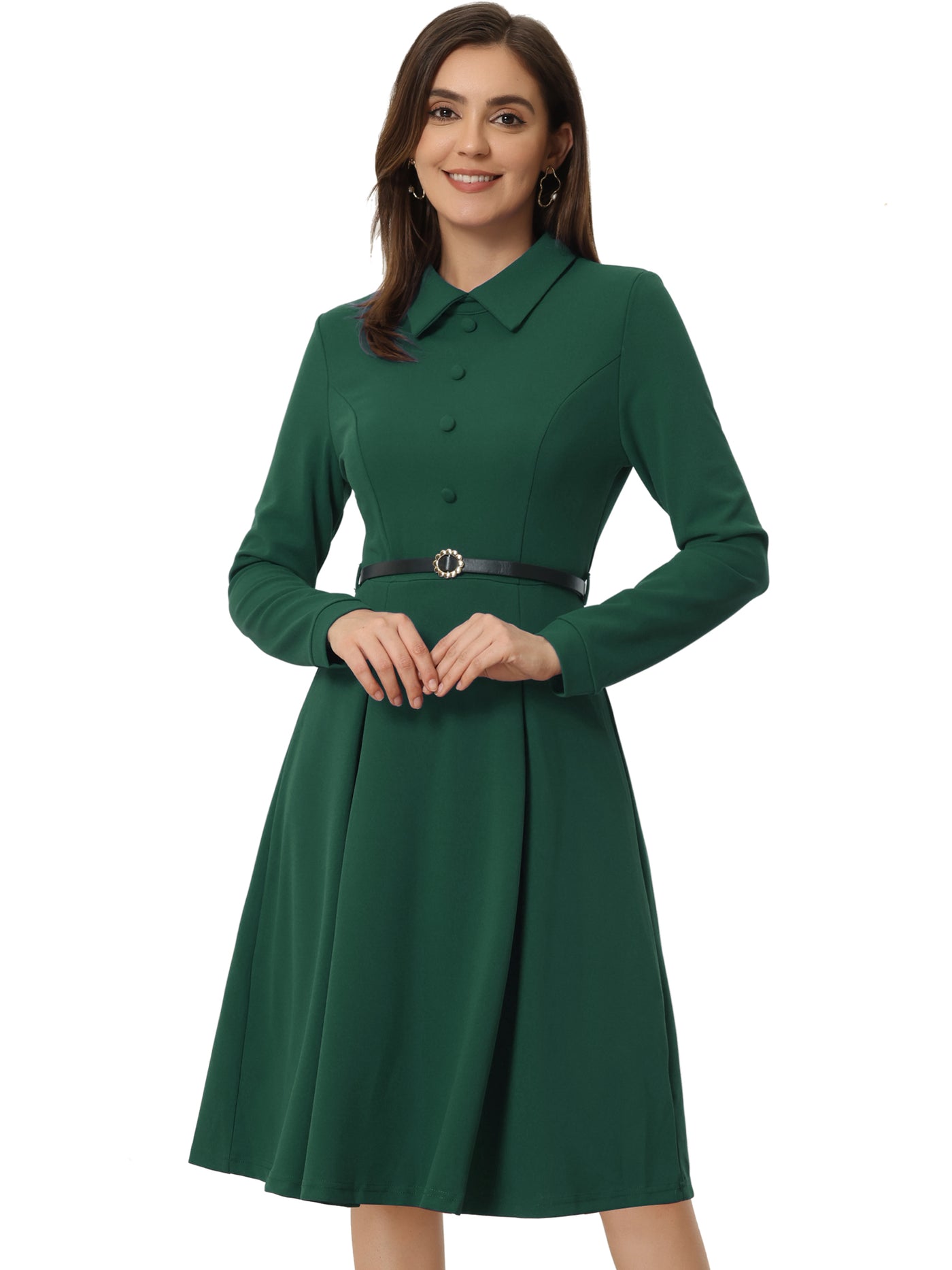 Allegra K Elegant Long Sleeve Button Decor Belted Fit and Flare Dress