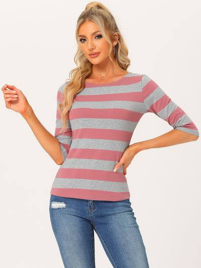 Striped Elbow Sleeve Casual Basic Boat Neck T-shirt