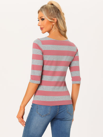 Striped Elbow Sleeve Casual Basic Boat Neck T-shirt