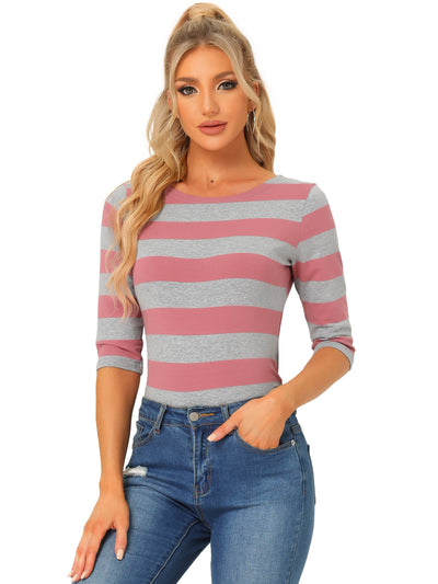 Striped Elbow Sleeve Casual Basic Boat Neck T-shirt