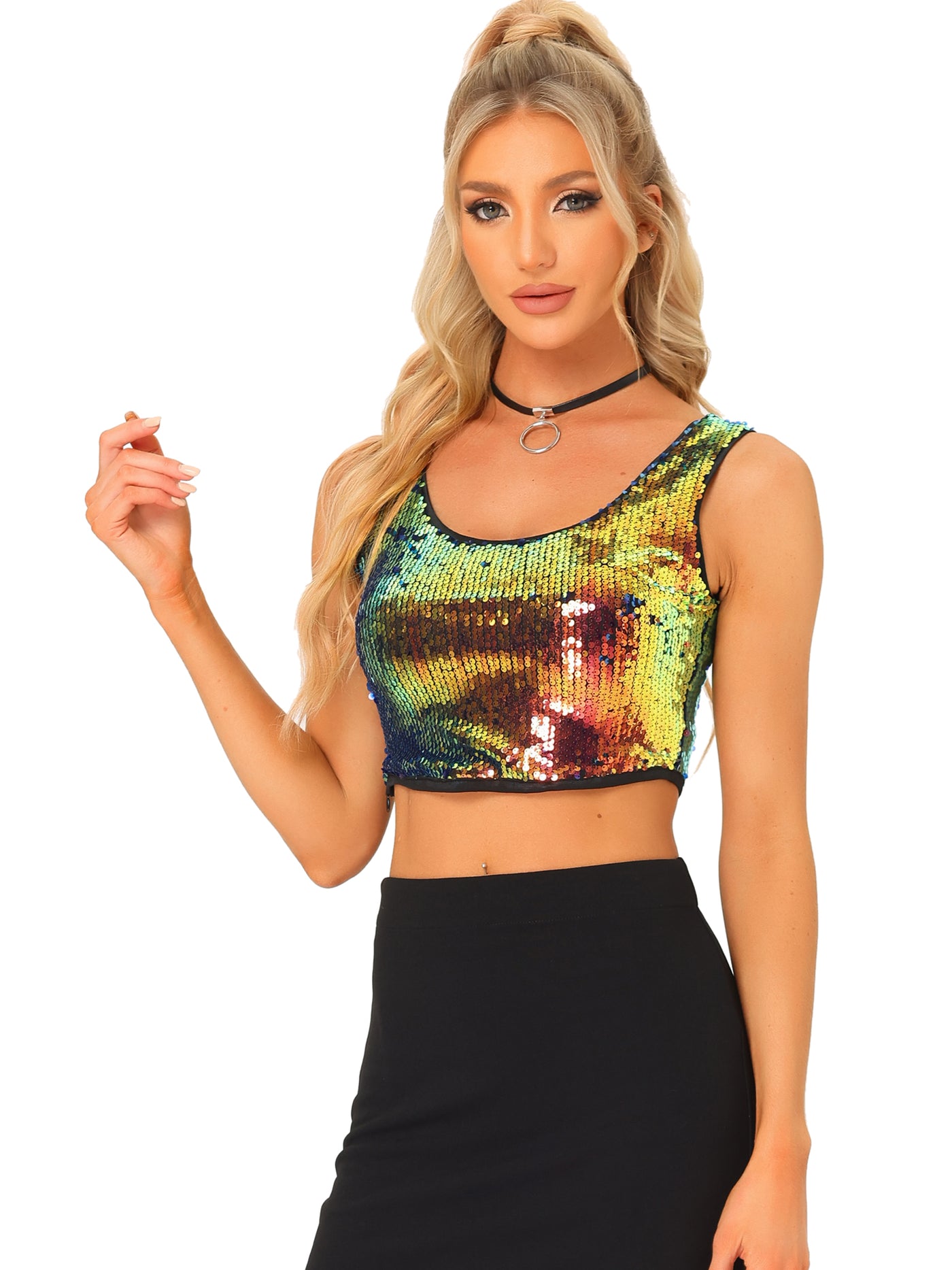 Allegra K Metallic Sequin Sparkle Glitter Sleeveless Party Tank Crop Top