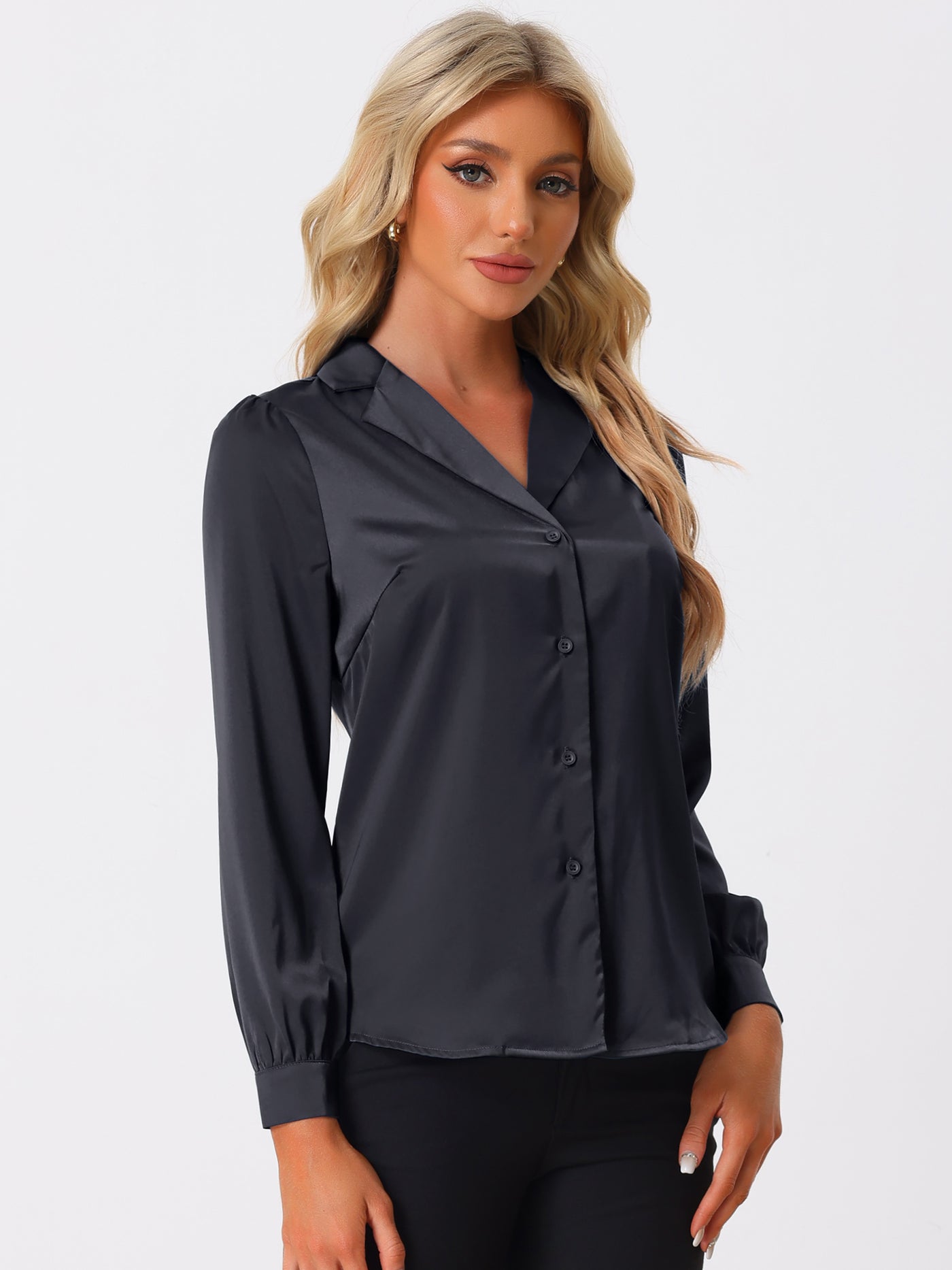 Allegra K Elegant Collar Blouse Long Sleeve Work Office Satin Button Down Shirt