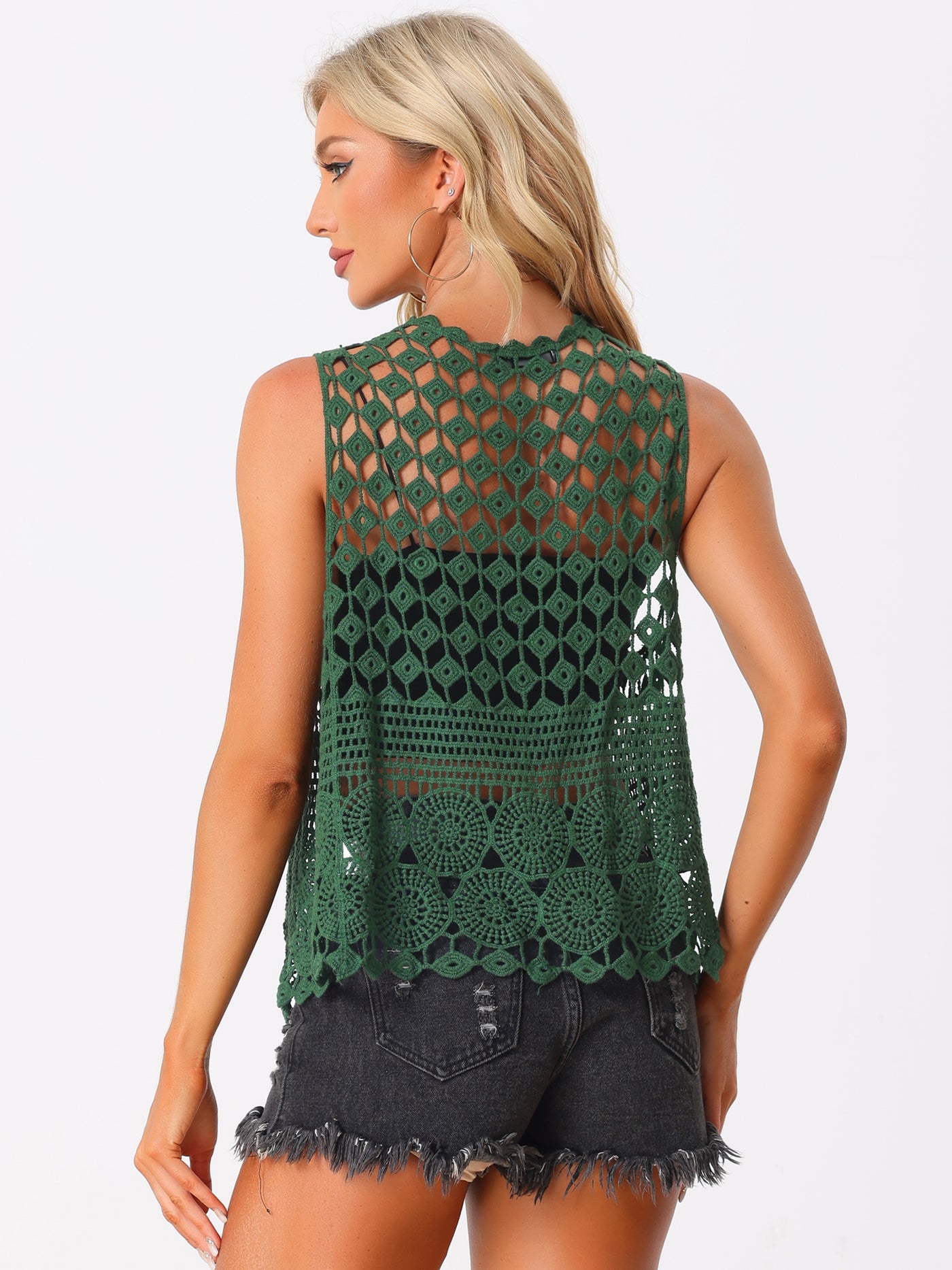 Allegra K Sleeveless Boho Open Front Hollow Out Crochet Vest