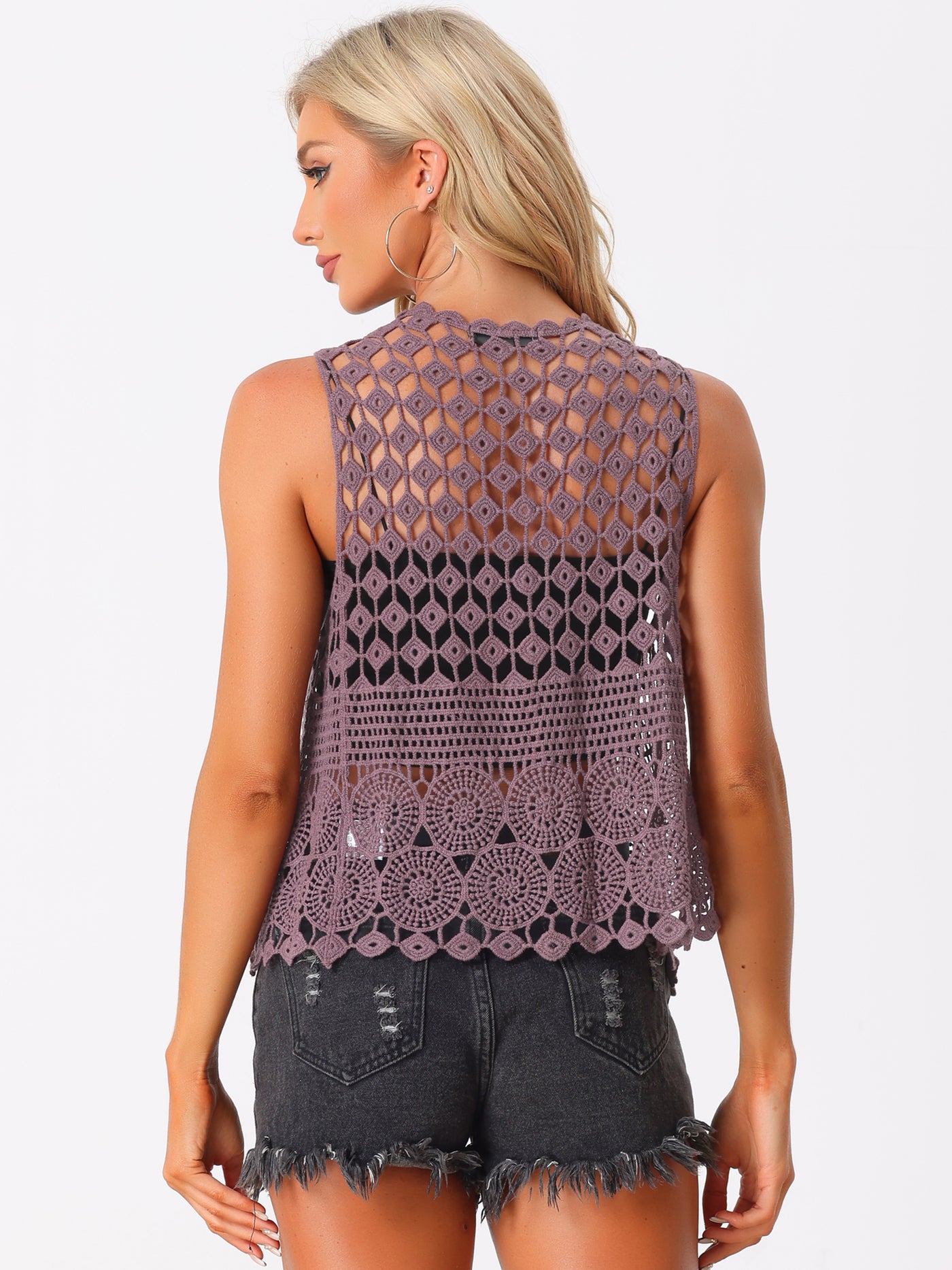 Allegra K Sleeveless Boho Open Front Hollow Out Crochet Vest