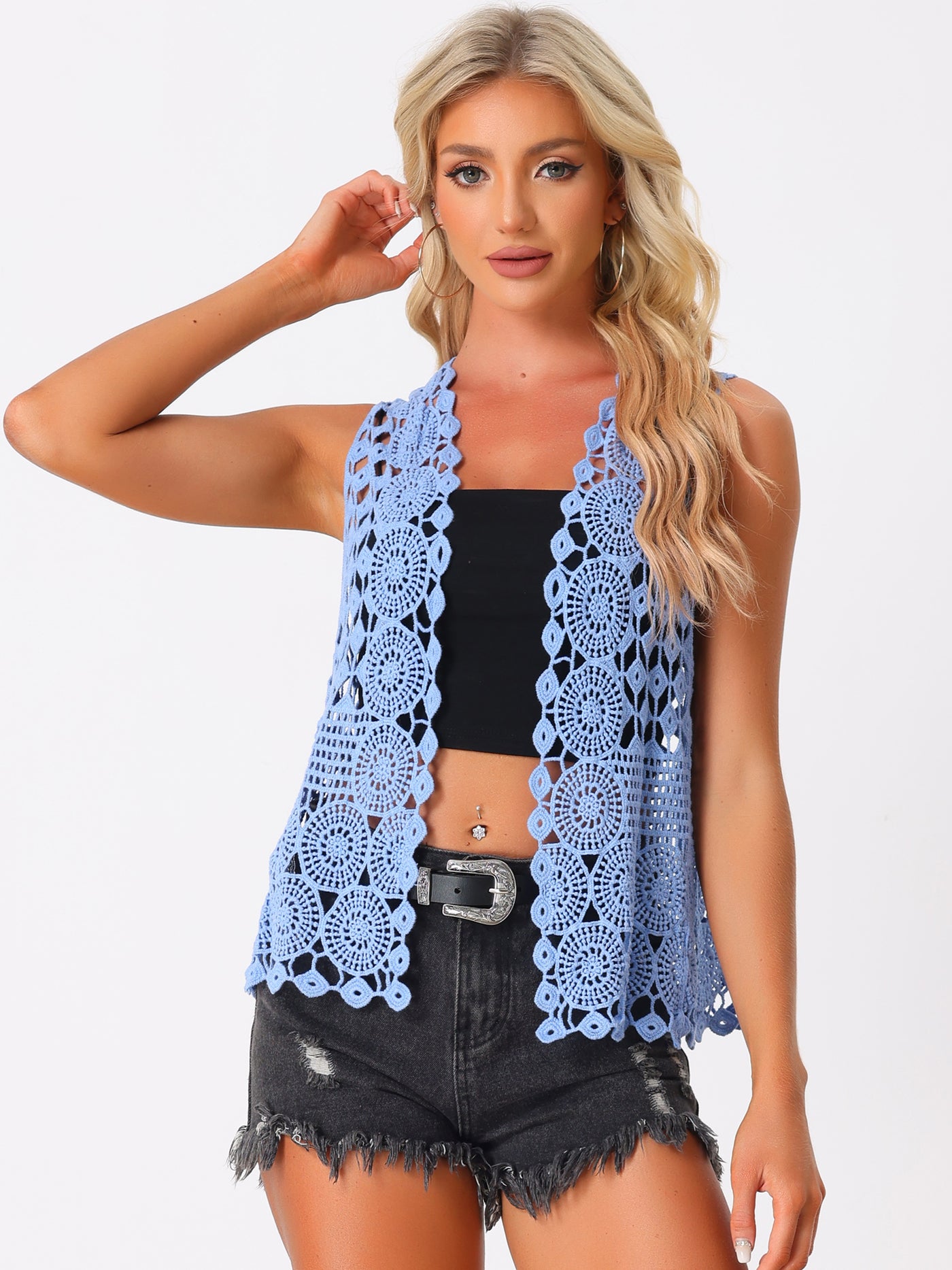 Allegra K Sleeveless Boho Open Front Hollow Out Crochet Vest