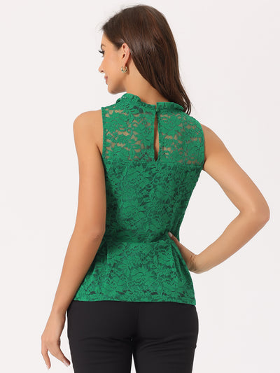 Lace Floral Ruffle Neck Keyhole Back Sleeveless Peplum Top