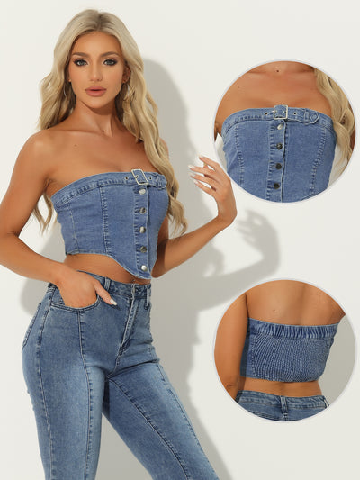 Denim Crop Tube Strapless Sleeveless Button Sexy Corset Top