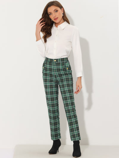 Vintage Tartan Plaid Pants Elastic Waist Straight Long Trousers